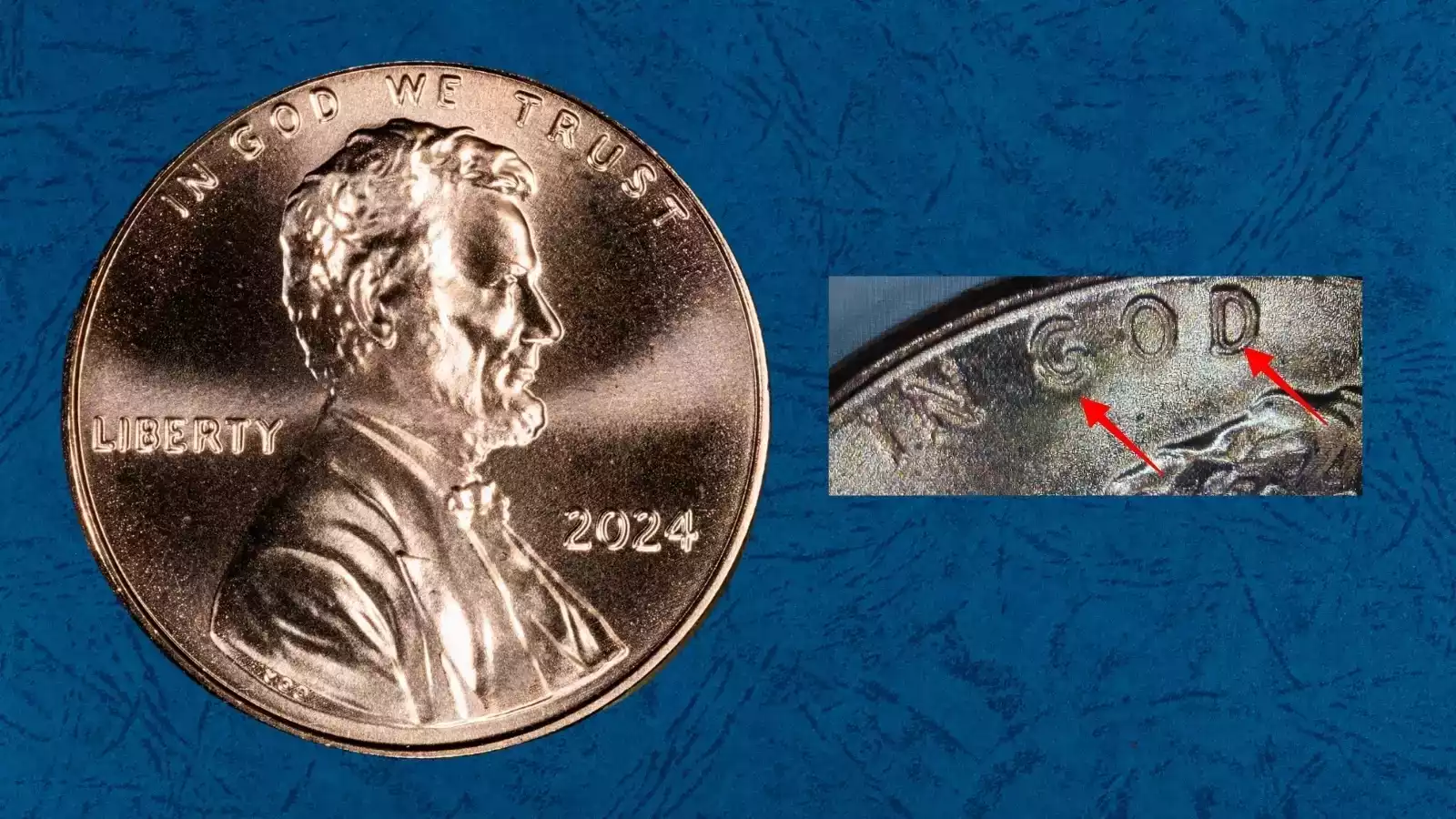 2024-D penny DDO error close-up showing doubled letter edges on LIBERTY under magnification