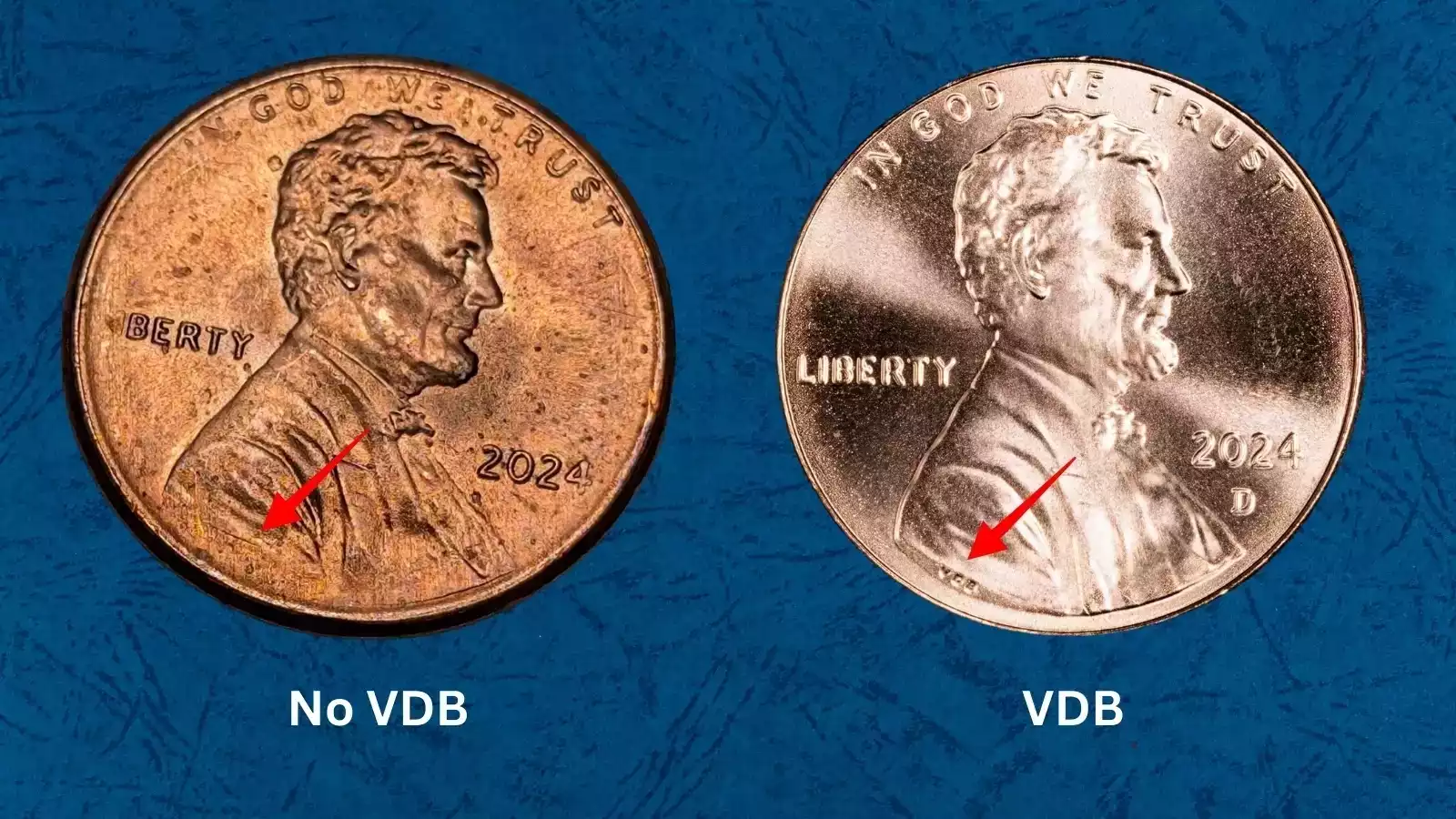 2024 penny Missing VDB initials error close-up showing blank area below Lincoln's shoulder where VDB should appear