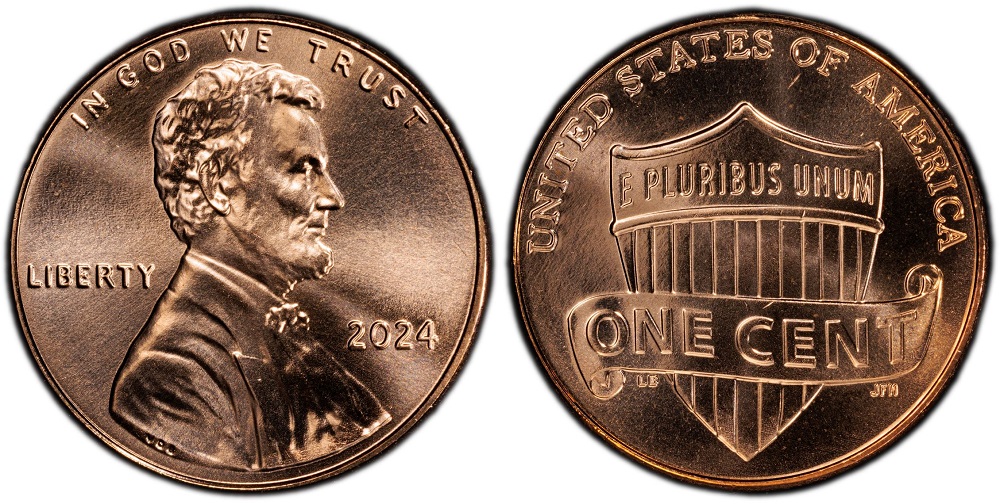 2024 Lincoln penny grading strip showing four condition tiers: Worn, Circulated, Uncirculated MS65, and Gem MS67 RD